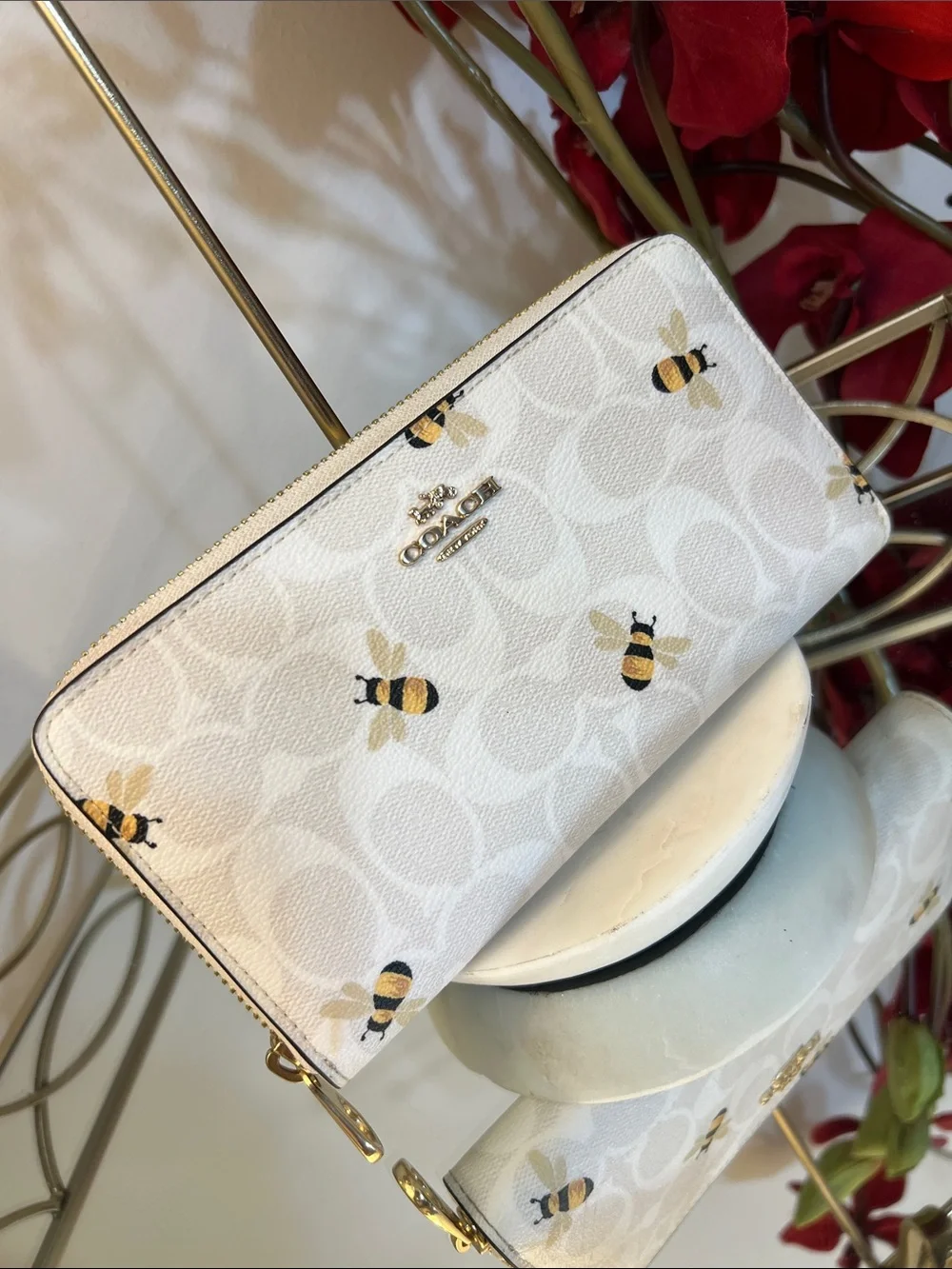 Coach Long Zip-Around / Accordion Wallet in Signature C Canvas with Bee Print